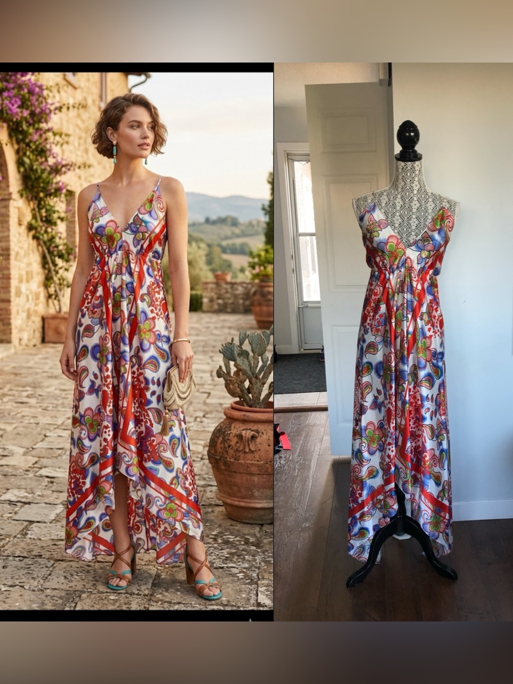 Vintage Satin Handkerchief Cross Back Midi Asymmetrical Hem Dress. Large